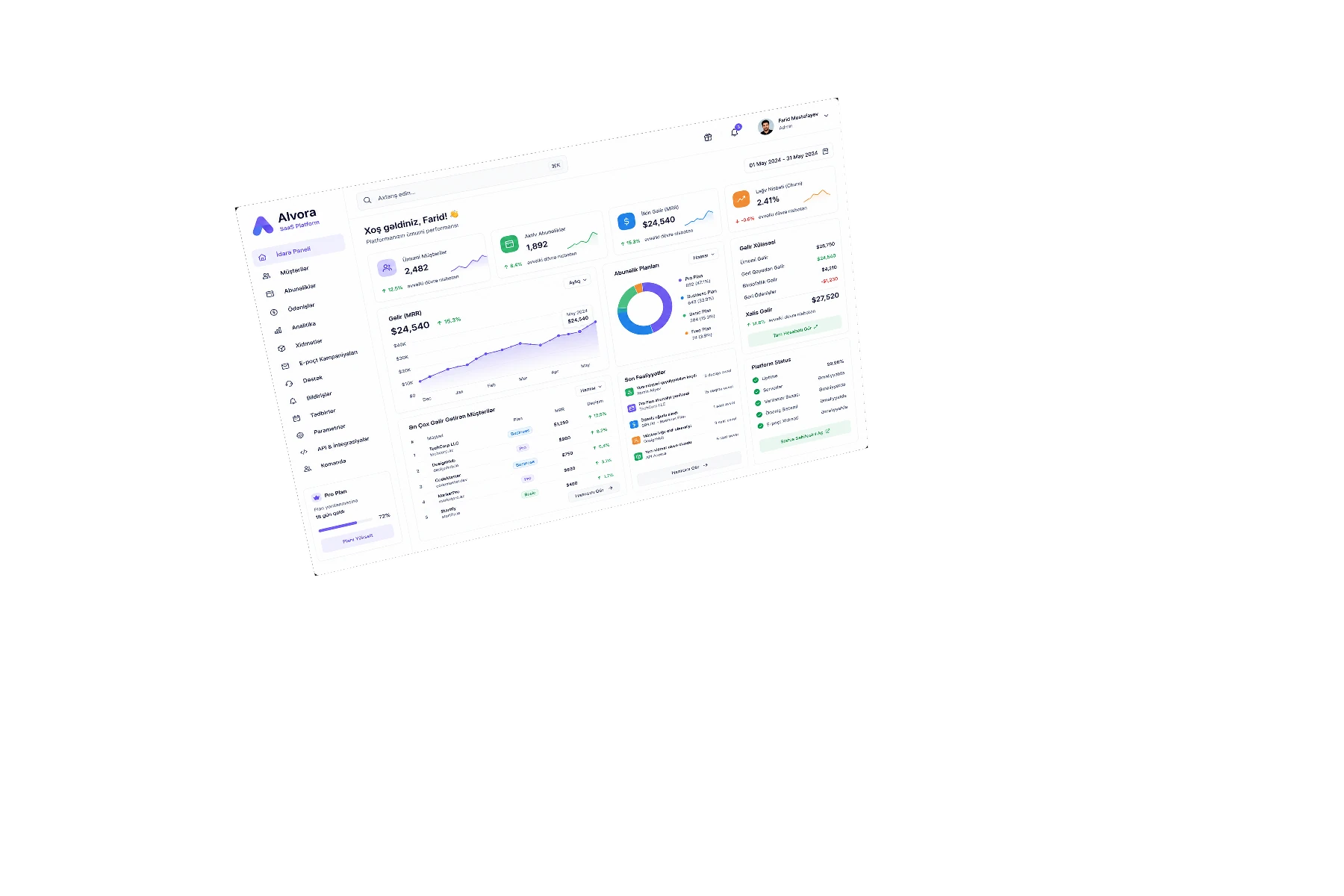 SaaS platforması desktop interfeysi